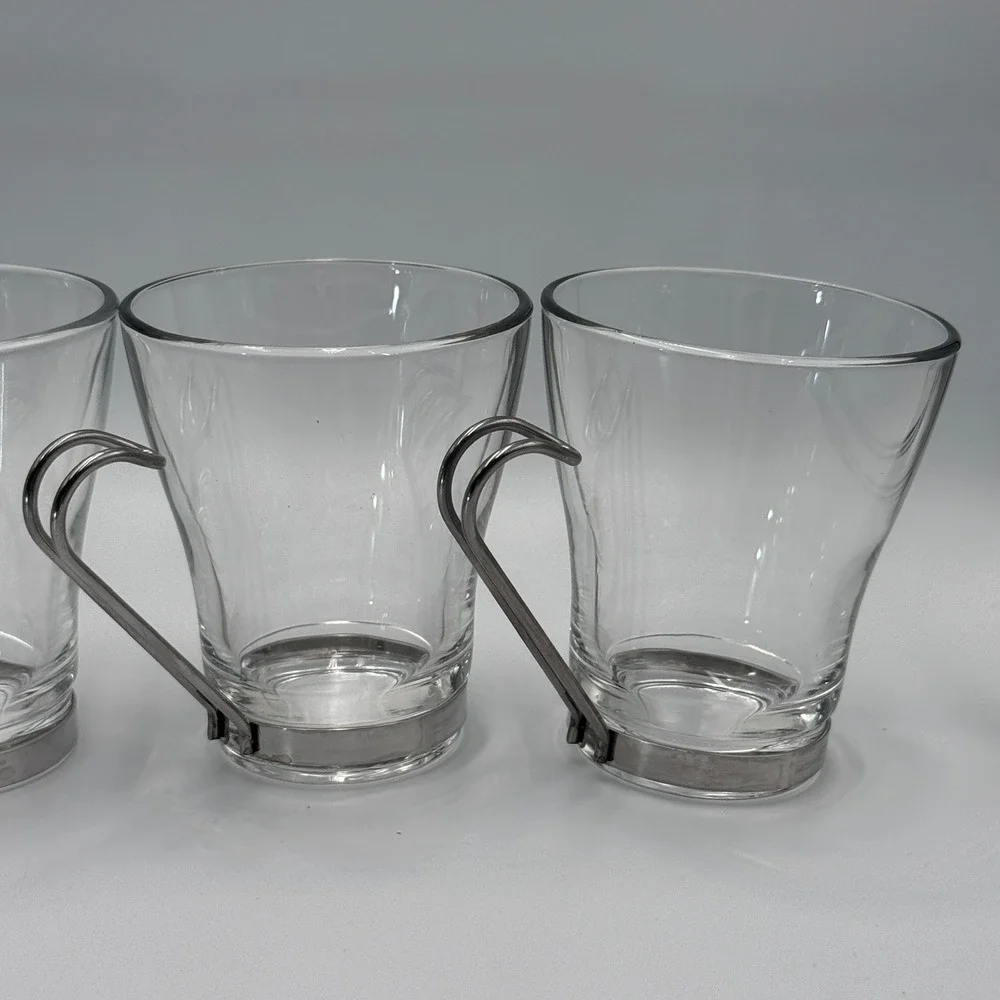 Bormioli Rocco Oslo Tempered Glass Coffee Cups Set of 4 Stainless‎ Steel Handles